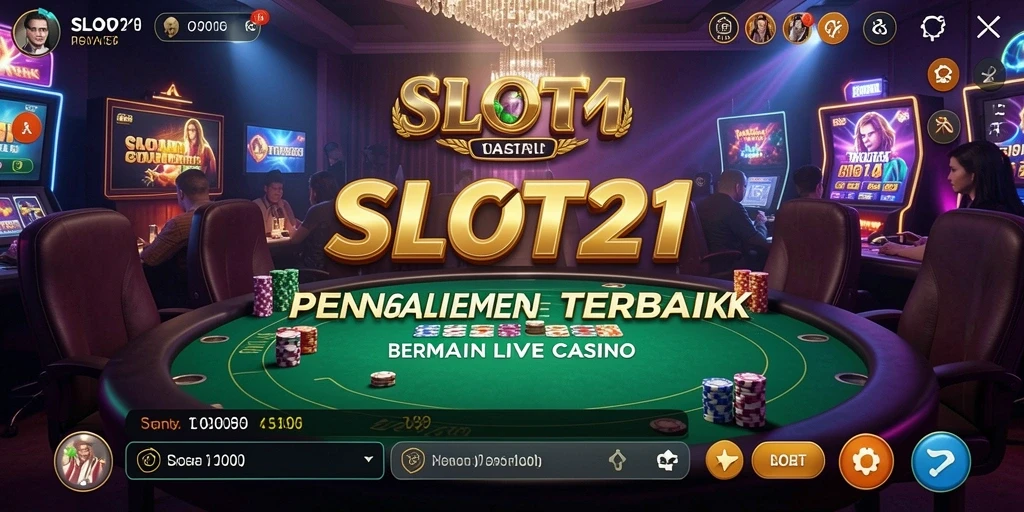 Screenshot gameplay SLOT21 menampilkan dealer langsung dan suasana kasino yang menegangkan.